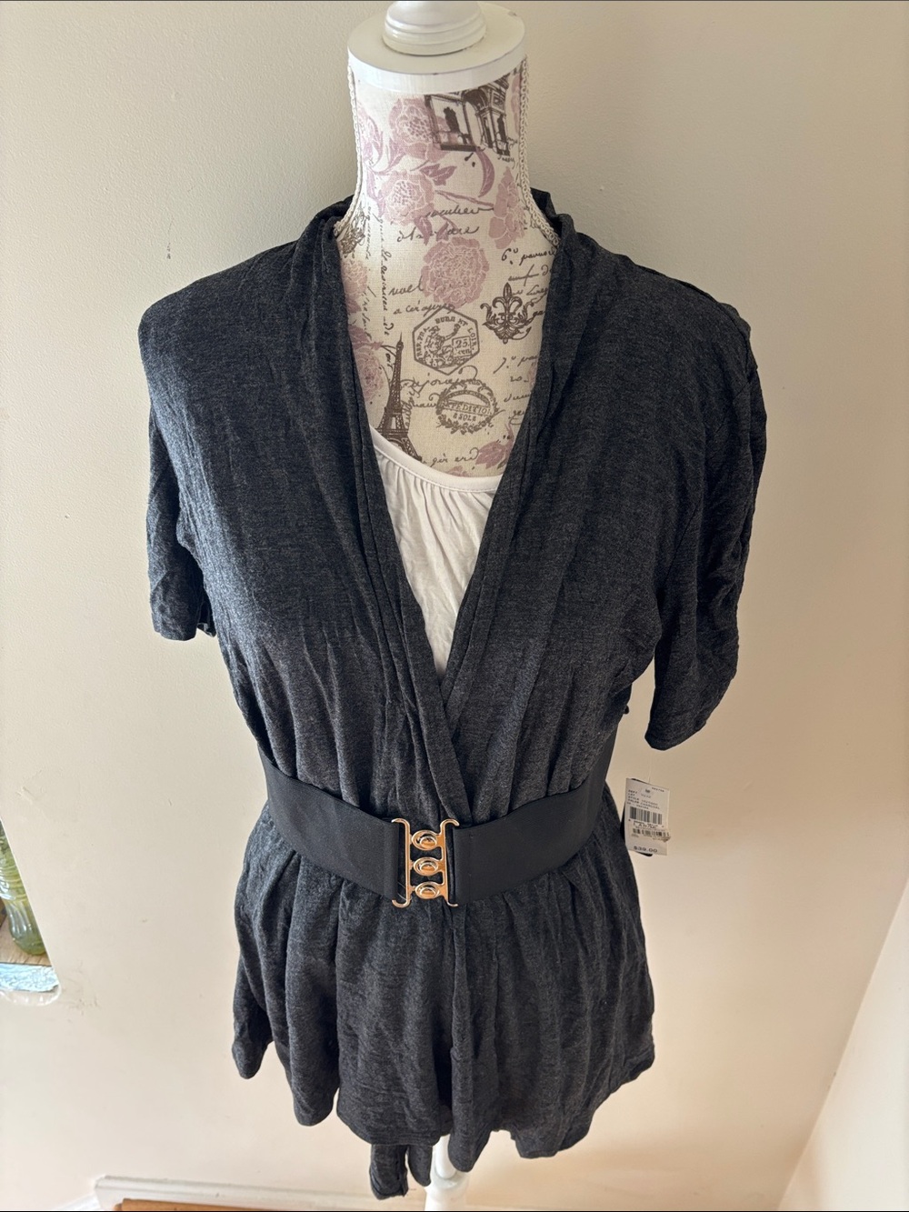 BCX Dark Gray Open-Front Short Sleeve Cardigan with Black Belt nwt Large